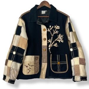 Parsley & Sage L Jacket Patchwork Art to Wear Black Brown Corduroy Neutral Boho